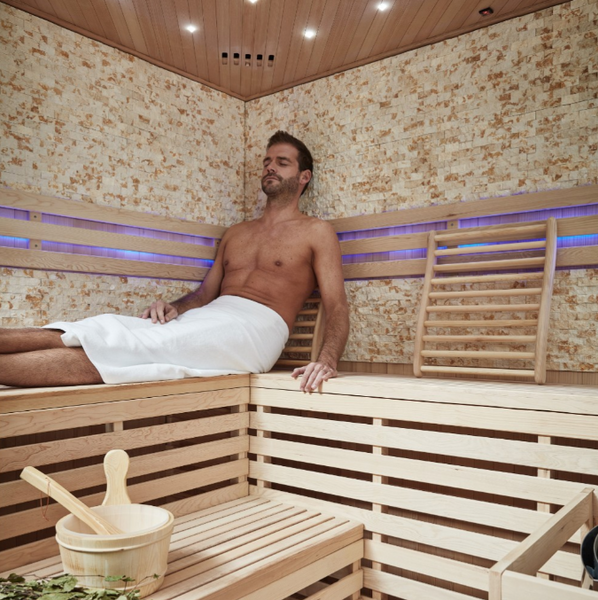 Sauna fińska SKYLINE BIG - XL ze ścianą ze sztucznego kamienia