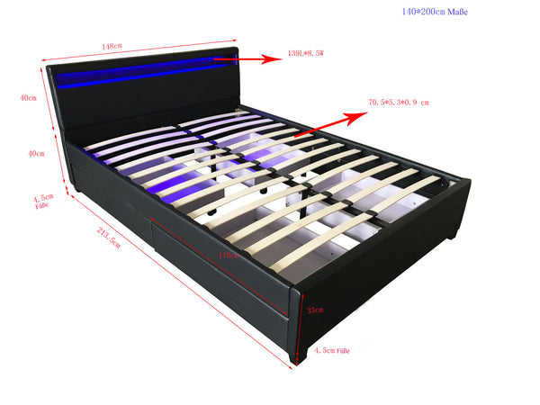 Łóżko LED NUBE z szufladami - 140 x 200 cm czarne