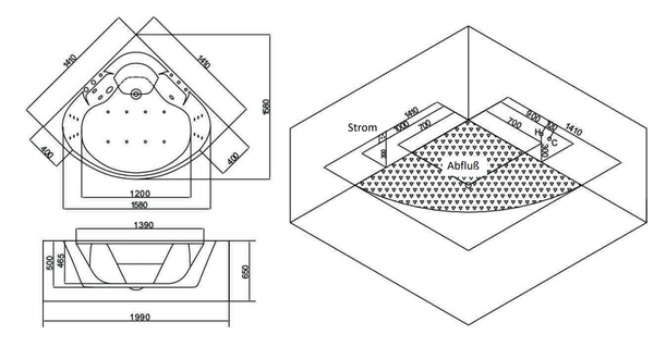 Dwuosobowa wanna z hydromasażem Szampańskim Avignon 140x140