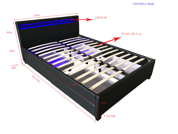 Łóżko LED NUBE z szufladami - 140 x 200 cm ciemnoszary