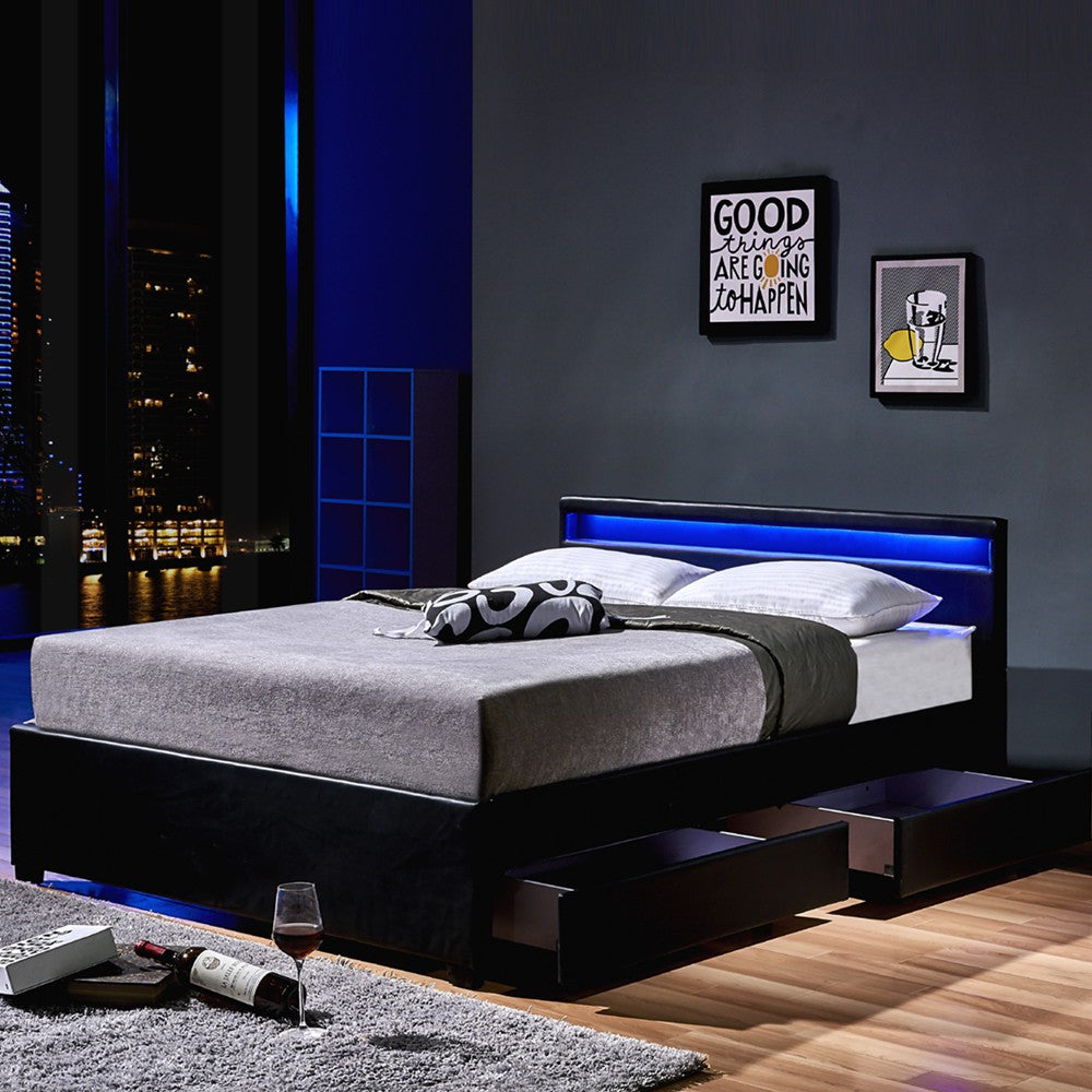 Łóżko LED NUBE z szufladami - 140 x 200 cm czarne